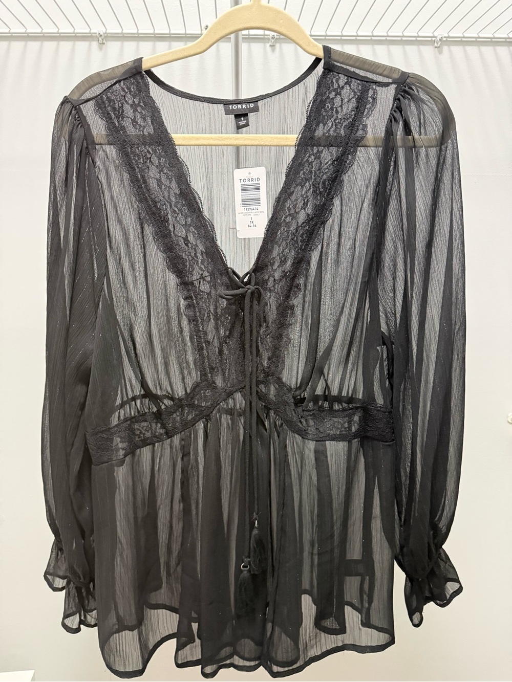 torrid Black Sheer Lace-Trim Tie-Front Blouse